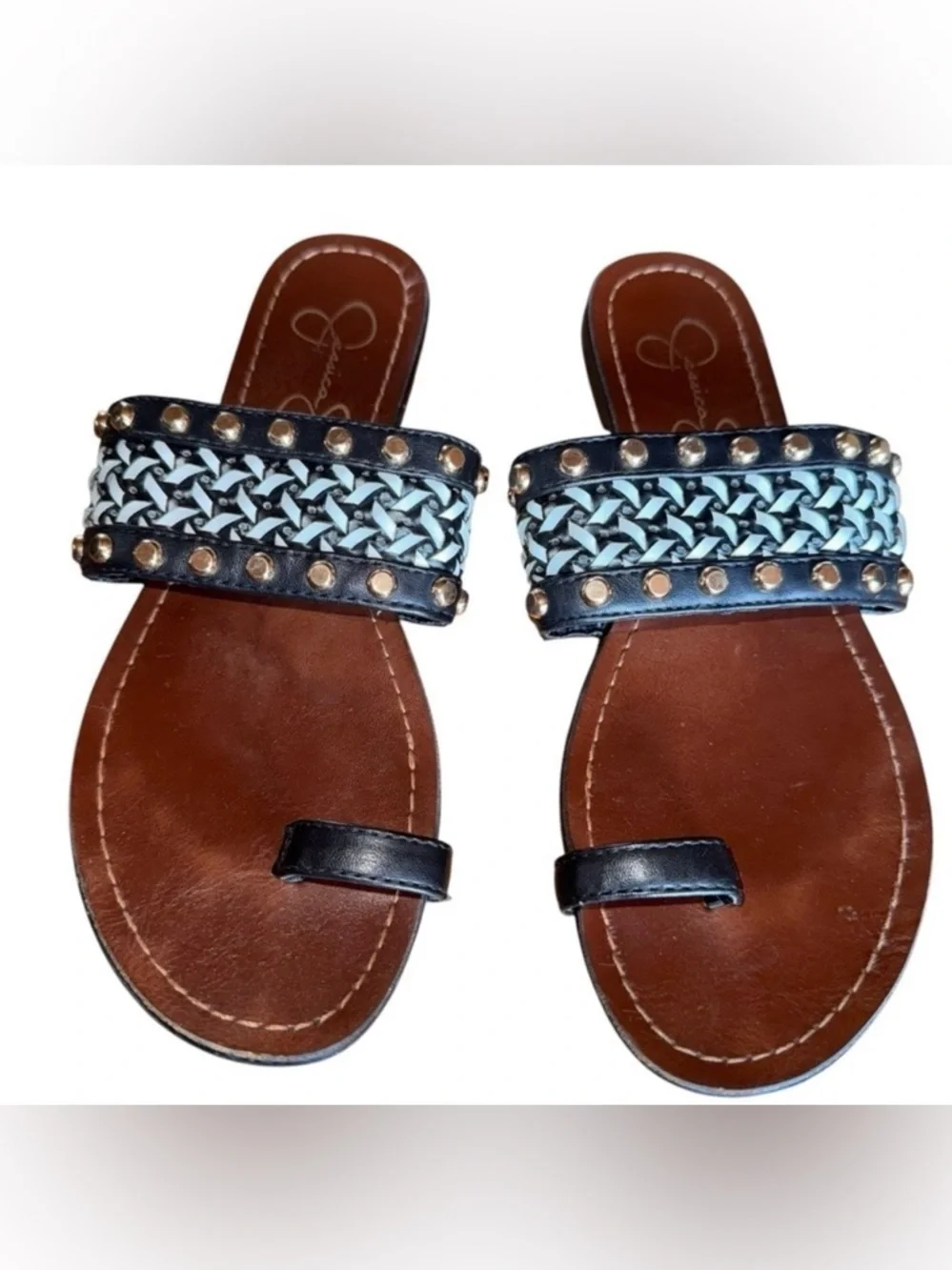 Jessica Simpson Studded Beaded Sandals Womens 6.5 Black Boho Summer Flats - Picture 1 of 6